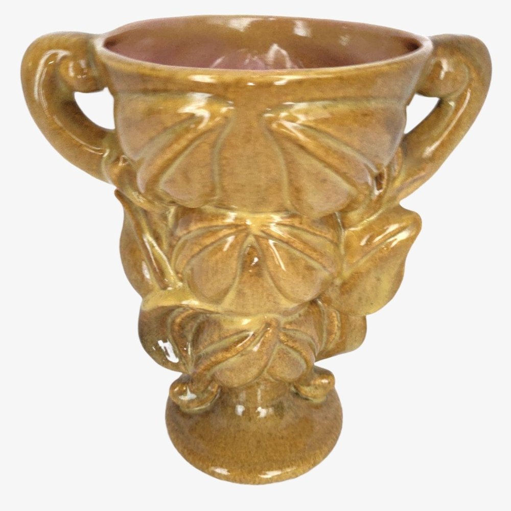 Vintage Gonder Pottery H-77 Double Handle Leaf & V